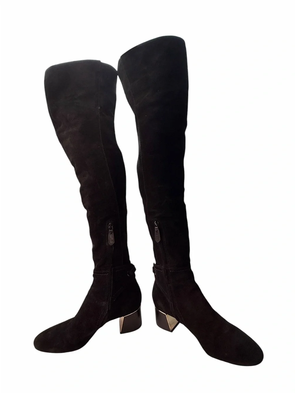Tory Burch Black Suede leather Over The Knee Boots Gold Logo Block Heel 7.5